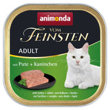 Animonda Vom Feinsten Adult with turkey and rabbit, wet food for cats, serving suggestion shown.