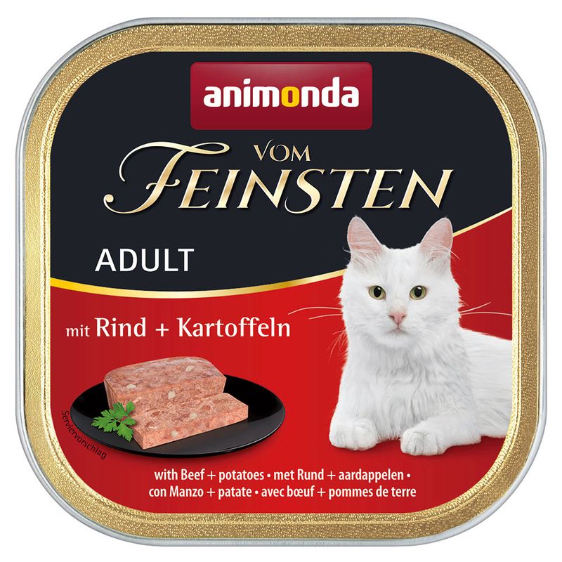 Animonda Vom Feinsten Adult with beef and potatoes. Image of a white cat and a ready-to-serve piece of meat on a black plate.