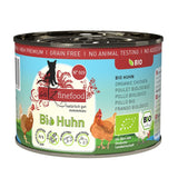 Catz Finefood Bio chicken, DE-ÖKO-006, German agriculture, no added sugar, no animal suffering, grain-free, 94% meat content, organic certificate visible.