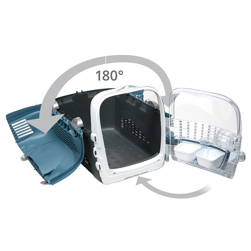 Transport box with 180° opening, two doors made of plastic and metal grid, includes two removable food bowls.