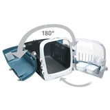 Transport box with 180° opening, two doors made of plastic and metal grid, includes two removable food bowls.