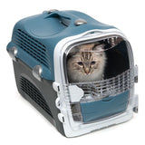 Transport box with cat, blue-grey design, transparent door with ventilation slots and top carrying handle. Suitable for pet transport.