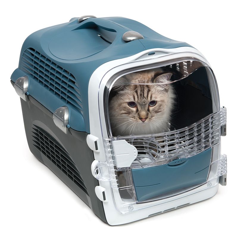 Transport box with cat, blue-grey design, transparent door with ventilation slots and top carrying handle. Suitable for pet transport.