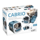 Catit Cabrio multifunctional carrier for cats, blue-grey. Images show details such as 180° opening and cat inside the box.