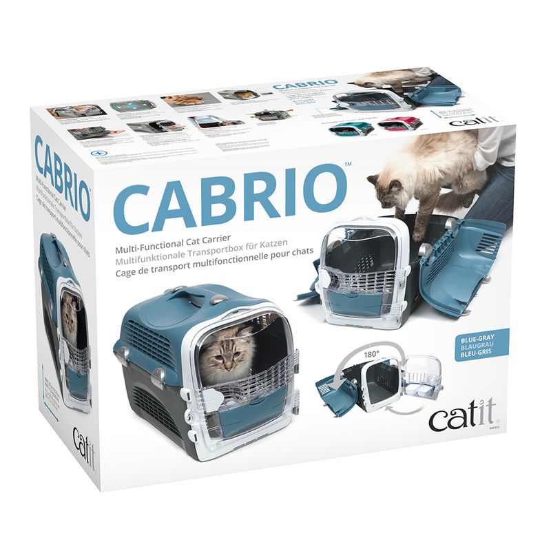 Catit Cabrio multifunctional carrier for cats, blue-grey. Images show details such as 180° opening and cat inside the box.
