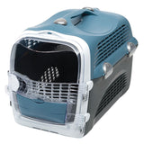 Plastic transport box with ventilation slots, carrying handle and transparent door. Suitable for safe transport of pets.