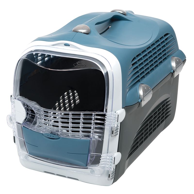 Plastic transport box with ventilation slots, carrying handle and transparent door. Suitable for safe transport of pets.