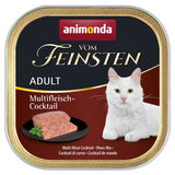 Animonda Vom Feinsten Adult Multifleisch Cocktail, wet food for cats, image of meat pieces and a white cat on a red background.