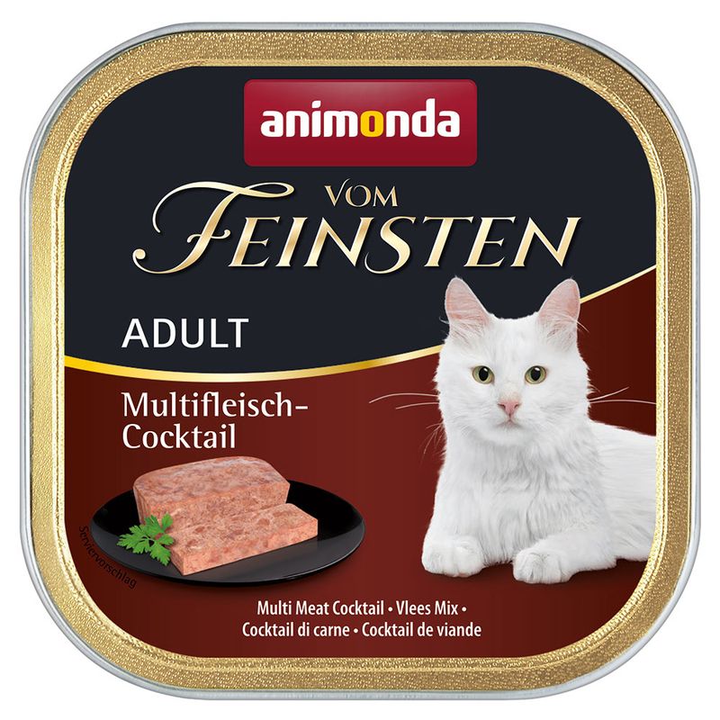 Animonda Vom Feinsten Adult Multifleisch Cocktail, wet food for cats, image of meat pieces and a white cat on a red background.