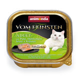 Product packaging showing adult food with turkey, chicken breast and herbs, featuring a serving suggestion and multilingual description of ingredients.