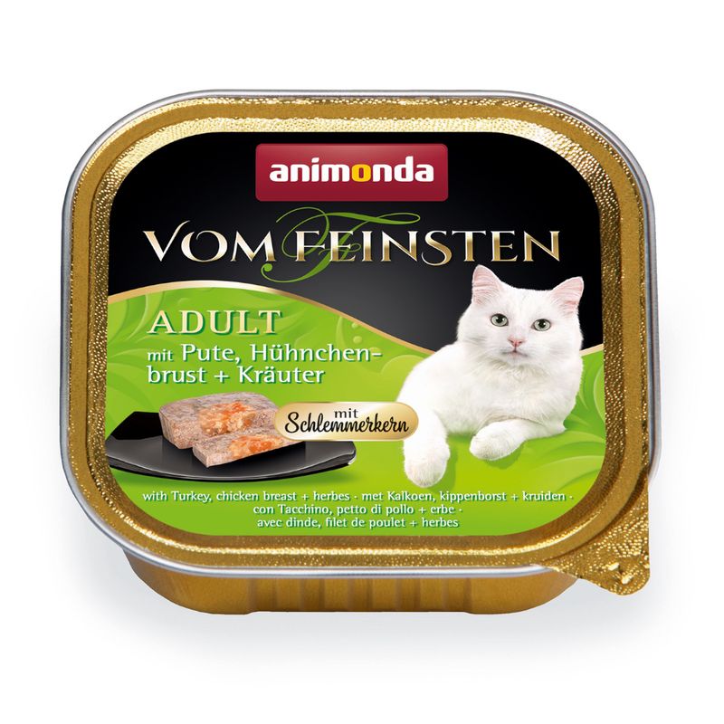 Product packaging showing adult food with turkey, chicken breast and herbs, featuring a serving suggestion and multilingual description of ingredients.