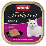 Animonda Vom Feinsten Senior with lamb. Serving suggestion: pâté on black plate, white cat shown.