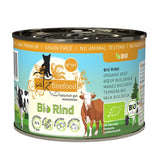 Catz Finefood Bio beef, DE-ÖKO-006, German agriculture, grain free, no added sugar, no animal testing, 94% meat content, organic certificate visible.