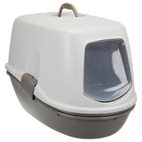 Closed cat litter box with white lid, grey base and transparent swing door. Handle on top for easy transport.