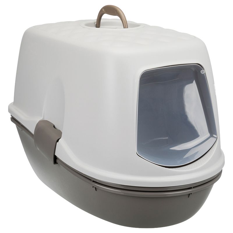 Closed cat litter box with white lid, grey base and transparent swing door. Handle on top for easy transport.