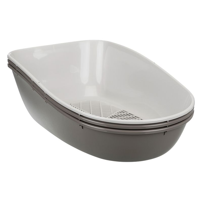 Cat litter box made of plastic with sieve insert, oval design, colours white and grey.