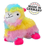 Colourful plush toy in llama shape with yellow, pink and blue fur. Text: Made in Germany.