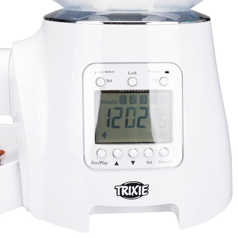 Trixie automatic feeder with digital display, shows time and number of meals. Controls for settings, recording and volume visible.