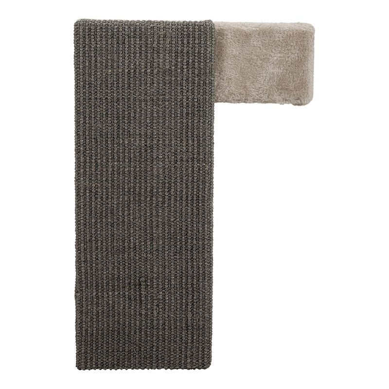 Scratching board made of grey sisal with beige plush border, rectangular shape.