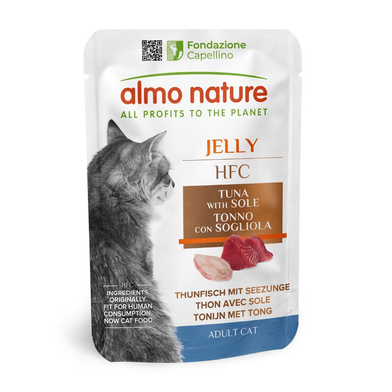 Almo Nature Jelly HFC tuna with sole. Ingredients originally fit for human consumption, now cat food. Adult Cat. Fondazione Capellino.