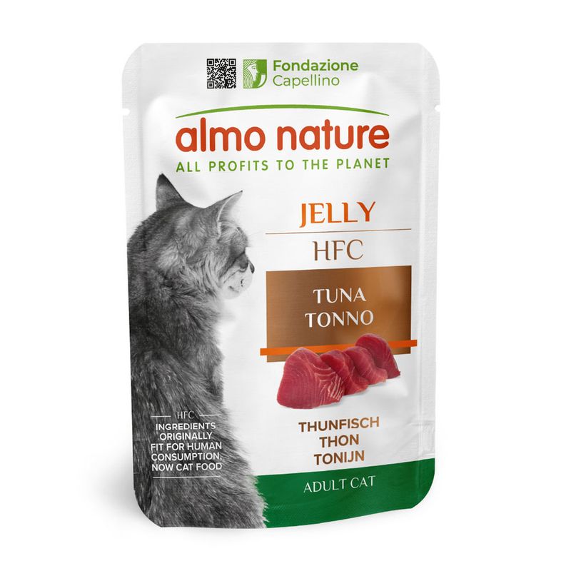 Almo Nature Jelly HFC tuna for adult cats. Ingredients originally fit for human consumption, now cat food. Fondazione Capellino logo visible.