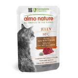 Almo Nature Jelly HFC tuna with young anchovies. Ingredients originally fit for human consumption, now cat food. Adult Cat. Fondazione Capellino logo visible.