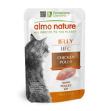 Almo Nature Jelly HFC chicken for adult cats. Ingredients originally fit for human consumption, now cat food. Fondazione Capellino.