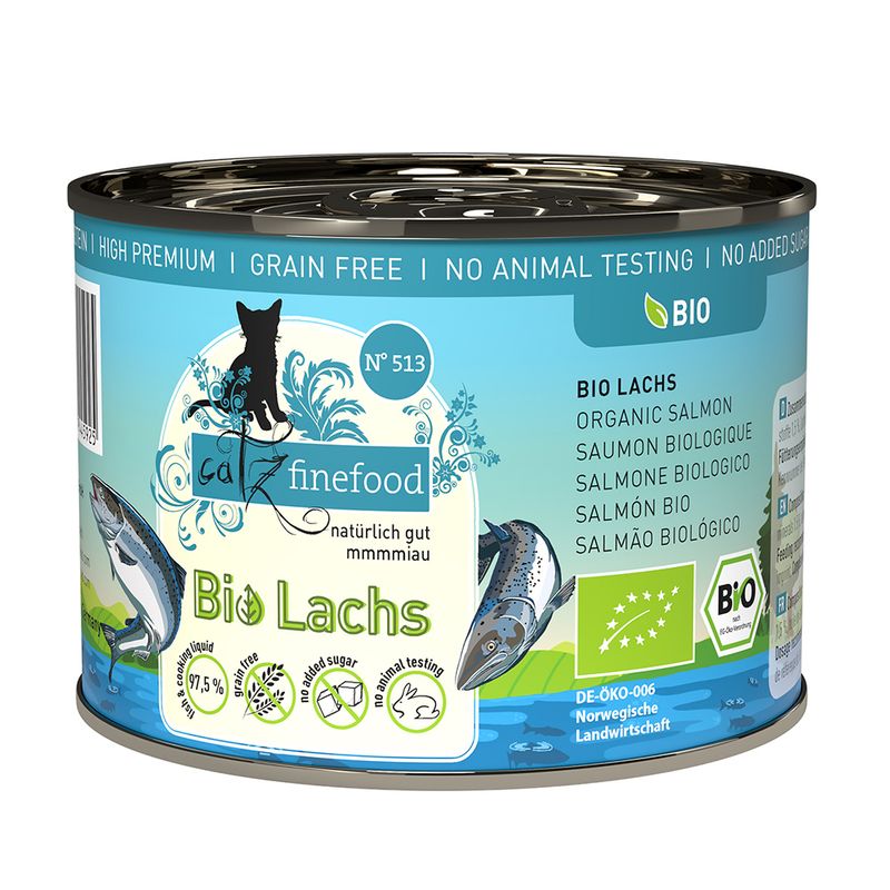 catz finefood Bio salmon, No. 513, no added sugar, no animal testing, DE-ÖKO-006, Norwegian landscape, 97.5% meat content, grain-free, organic certificate visible.