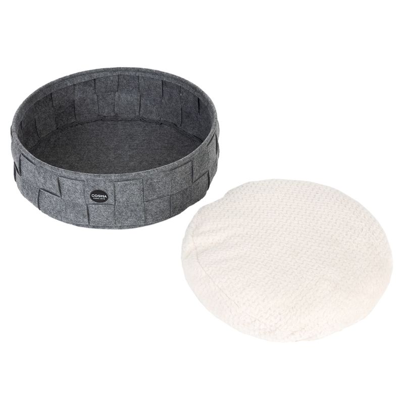 Round grey felt bed with COSHA logo and removable white cushion. Ideal for pets.