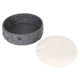 Round grey felt bed with COSHA logo and removable white cushion. Ideal for pets.
