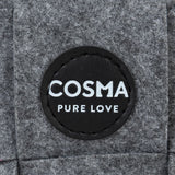 Cosma Pure Love. Brand logo on grey felt material.