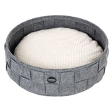 Round grey felt bed with white, soft cushion. 'Cosma Pure Love' logo visible on the outside of the bed.