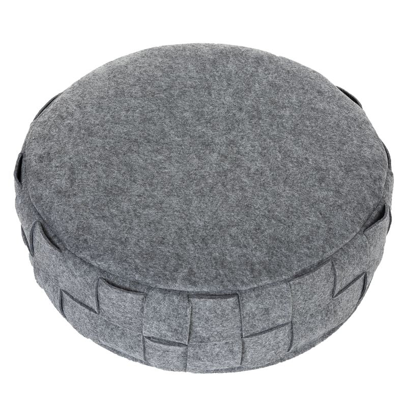Round grey cushion with braided edge made of felt material, suitable as a decorative or functional accessory.