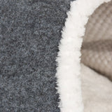 Close-up of grey felt material with white plush edge, suitable for pet products such as beds or caves.