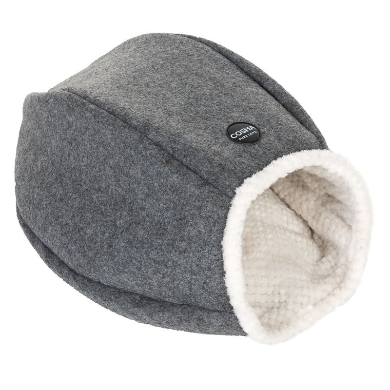 Grey cuddle cave with white plush lining, brand print 'Cosma Pure Love' visible.
