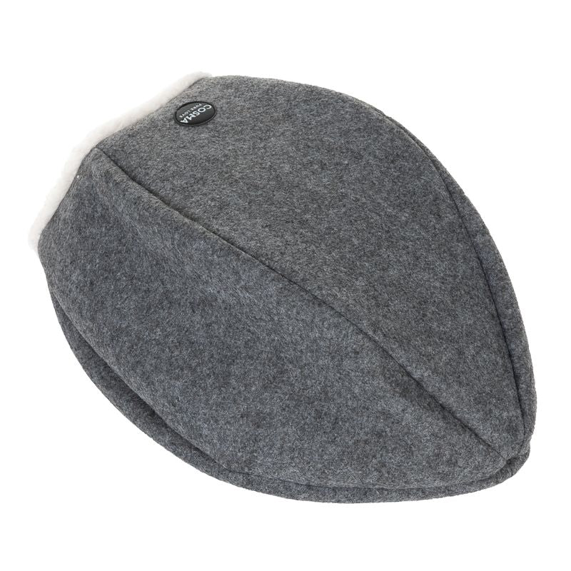 Grey felt product with white lining and round label print 'Cosma'.