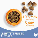 Kibble shown with measurements: 10.5 mm diameter and 5 mm thickness. Labelled for light or sterilised, 1+ years. Orange bowl filled with kibble also visible.