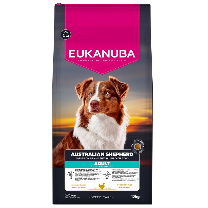 Eukanuba Australian Shepherd Adult, rich in chicken, 12 kg. For Border Collie and Australian Cattle Dog. Breed Care line.