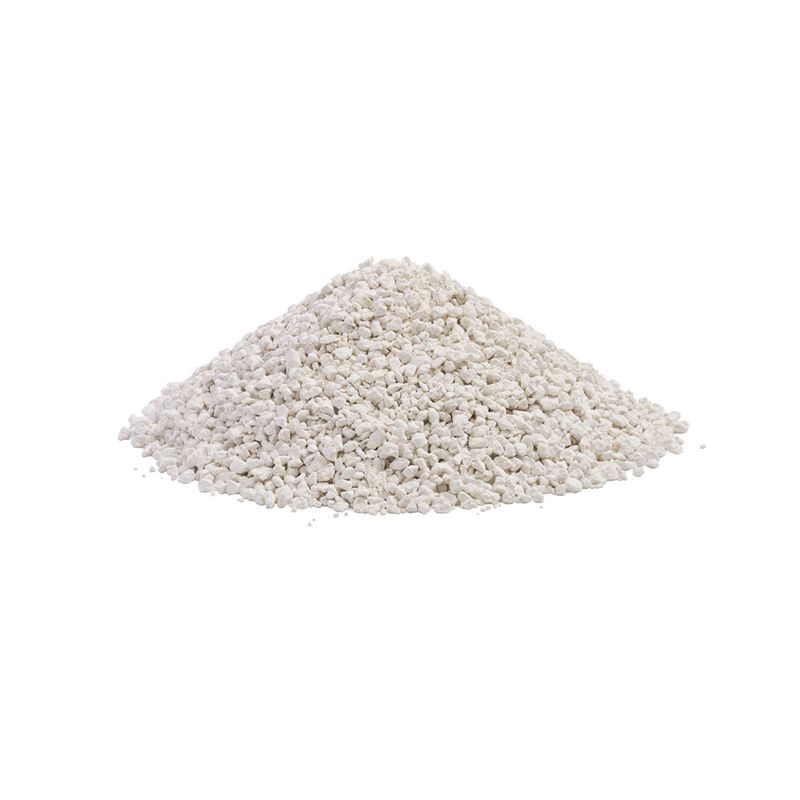 Pile of white, fine granulate pieces. Product image for litter or similar material.
