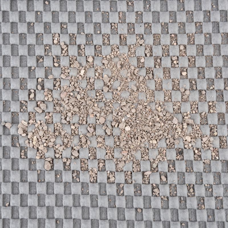 Grey mat with square pattern, shows scattered cat litter on the surface.