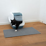 Black cat leaving a closed litter box with a grey mat in front on wooden floor.