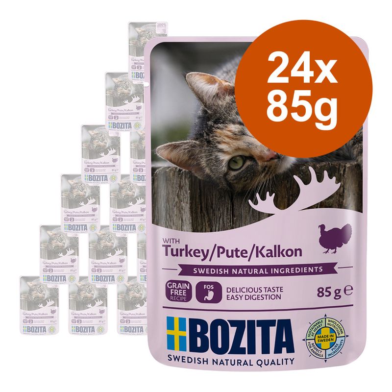 Bozita cat food with turkey, 24x85g, grain-free, FOS for easy digestion, Swedish natural ingredients, Made in Sweden.