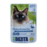 Bozita cat food with reindeer, 100% animal protein, grain-free, chunks in sauce, 85g. Made in Sweden with natural ingredients.