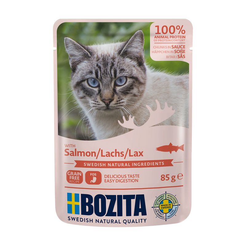 Bozita cat food with salmon, 100% animal protein, grain-free, Swedish natural ingredients, chunks in sauce, 85g. Made in Sweden.