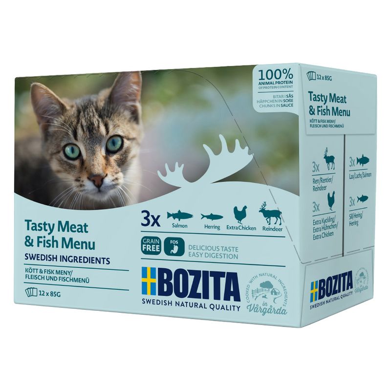 Bozita Tasty Meat & Fish Menu, Swedish ingredients, grain-free, 100% animal protein. Varieties: salmon, herring, extra chicken, reindeer. Pack of 12x85g chunks in sauce.