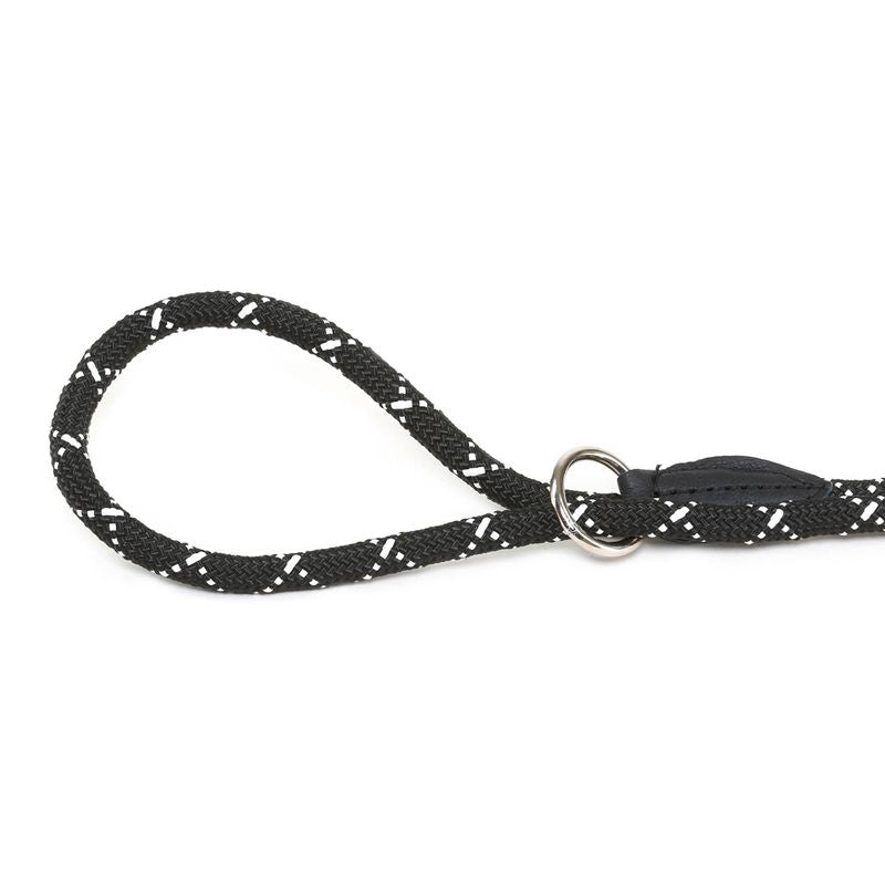 Black dog lead made of braided material with white accents and metal ring.
