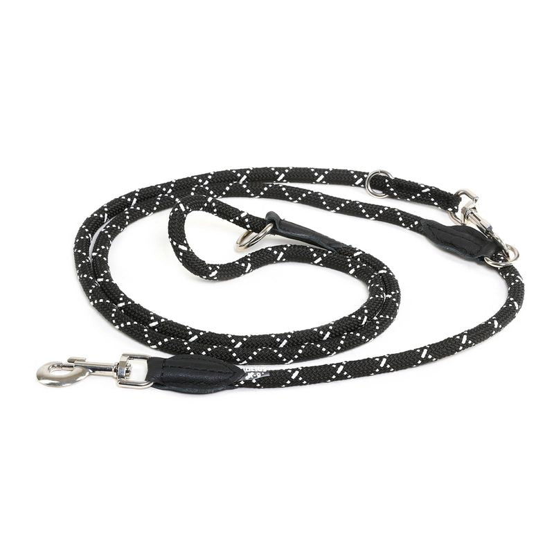 Black dog lead made of braided material with white accents and metal carabiners at both ends.