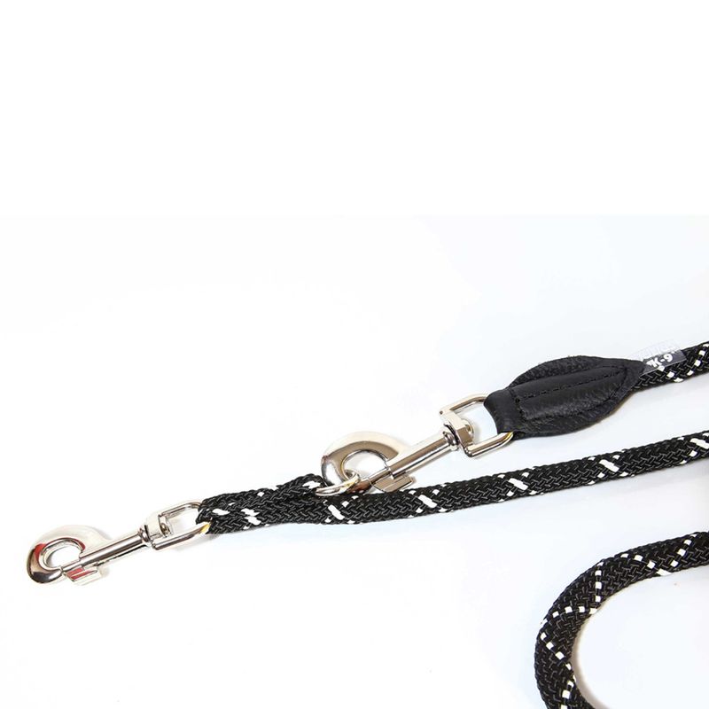 Black dog lead with reflective stripes, metal carabiners and leather reinforcement.