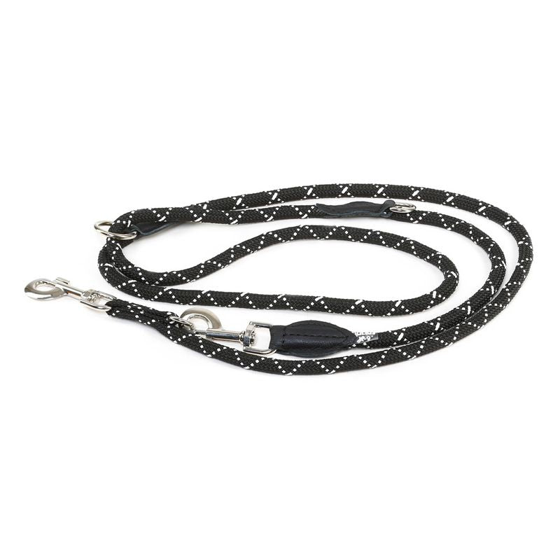 Black dog lead with reflective white stripes and metal carabiners, adjustable for different lengths.