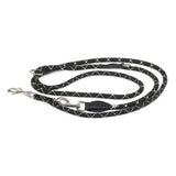 Black dog lead with reflective white stripes and metal carabiners, adjustable for different lengths.